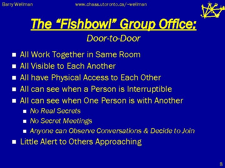 Barry Wellman www. chass. utoronto. ca/~wellman The “Fishbowl” Group Office: Door-to-Door n n n