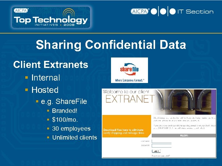 Sharing Confidential Data Client Extranets § Internal § Hosted § e. g. Share. File