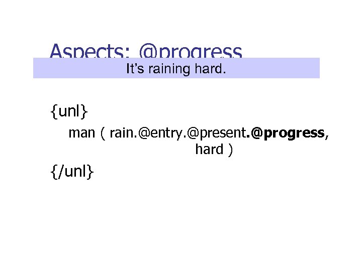 Aspects: @progress It’s raining hard. {unl} man ( rain. @entry. @present. @progress, hard )