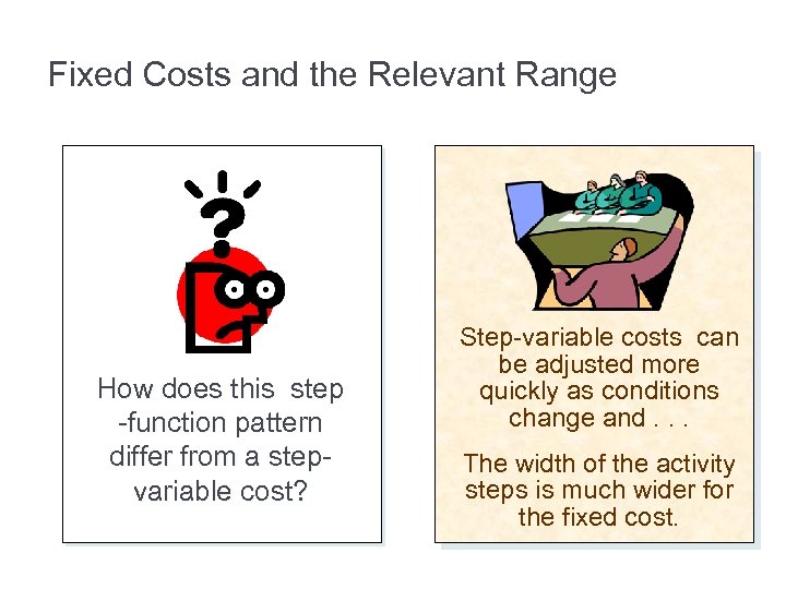 Fixed Costs and the Relevant Range How does this step -function pattern differ from