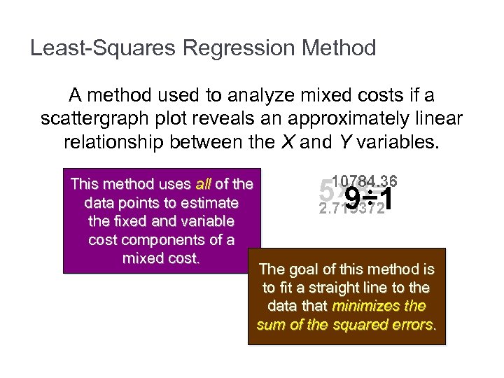 Least-Squares Regression Method A method used to analyze mixed costs if a scattergraph plot