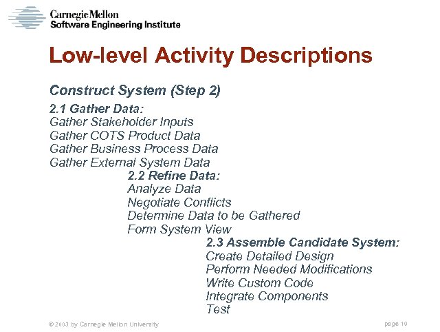 Low-level Activity Descriptions Construct System (Step 2) 2. 1 Gather Data: Gather Stakeholder Inputs
