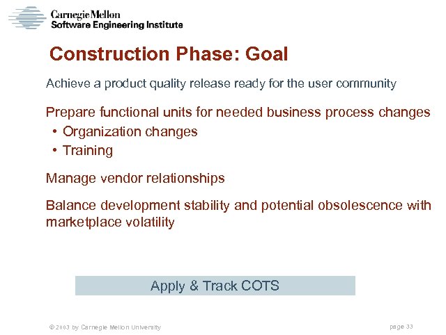 Construction Phase: Goal Achieve a product quality release ready for the user community Prepare