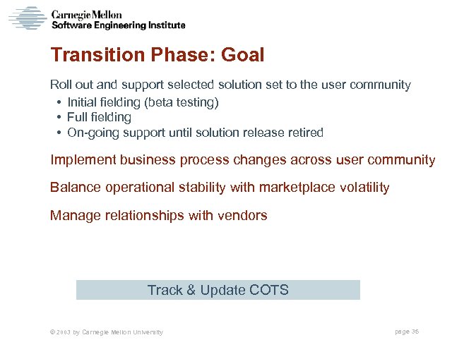 Transition Phase: Goal Roll out and support selected solution set to the user community