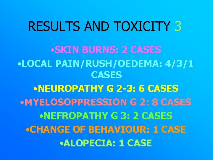 RESULTS AND TOXICITY 3 • SKIN BURNS: 2 CASES • LOCAL PAIN/RUSH/OEDEMA: 4/3/1 CASES
