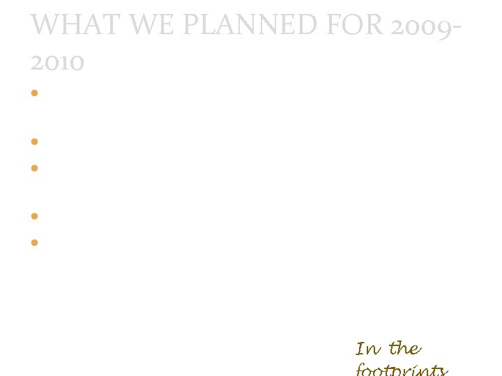 WHAT WE PLANNED FOR 20092010 improved organisational capacity, better governance and unqualified audit better