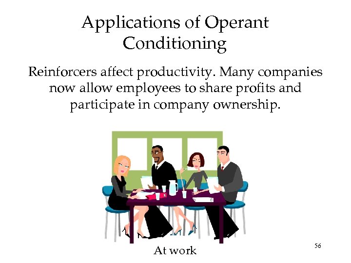 Applications of Operant Conditioning Reinforcers affect productivity. Many companies now allow employees to share