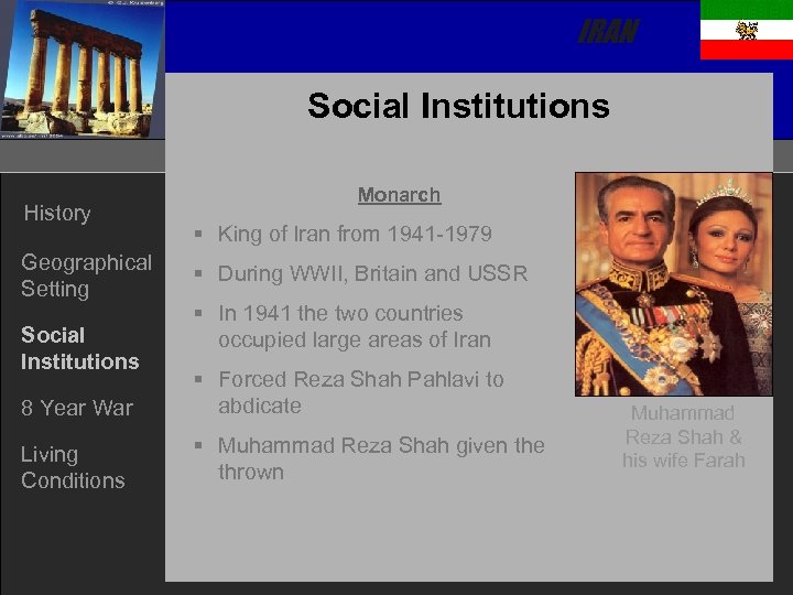 IRAN Social Institutions History Geographical Setting Social Institutions Monarch § King of Iran from