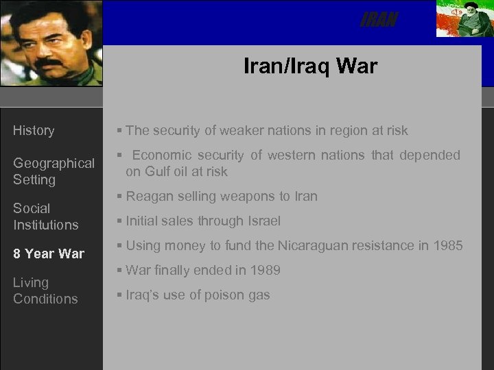 IRAN Iran/Iraq War History Geographical Setting Social Institutions 8 Year War Living Conditions §