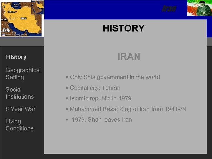Iran HISTORY History Geographical Setting IRAN § Only Shia government in the world Social