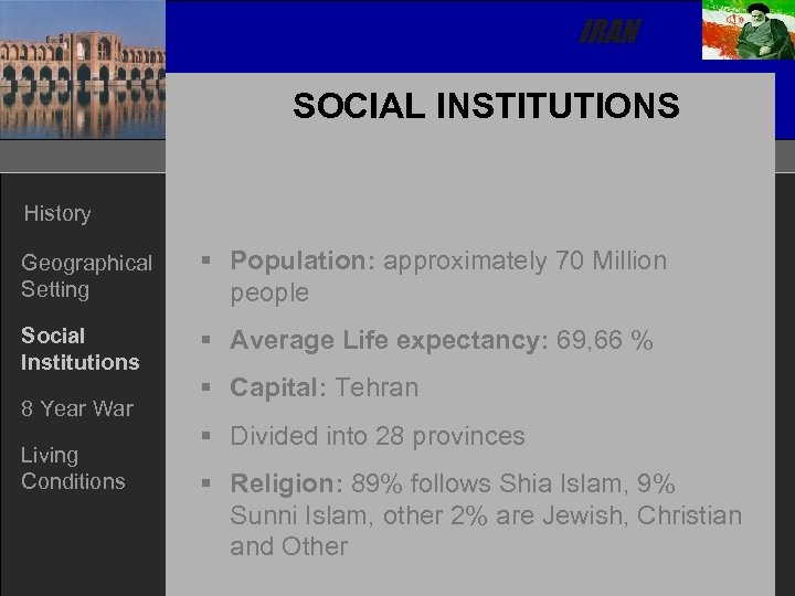 IRAN SOCIAL INSTITUTIONS History Geographical Setting § Population: approximately 70 Million people Social Institutions