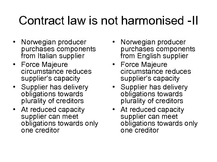 Contract law is not harmonised -II • Norwegian producer purchases components from Italian supplier