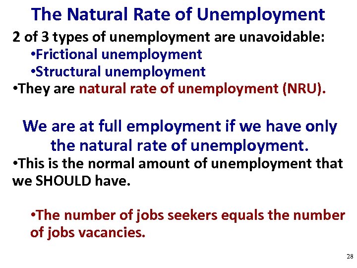The Natural Rate of Unemployment 2 of 3 types of unemployment are unavoidable: •
