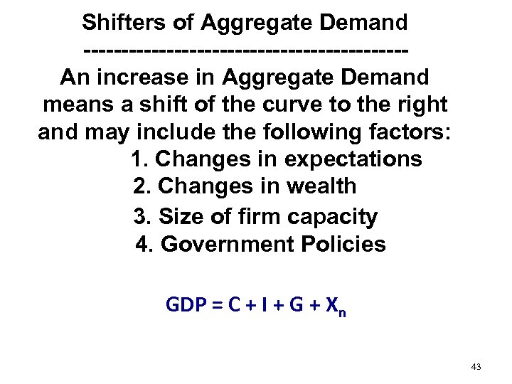 Shifters of Aggregate Demand ---------------------An increase in Aggregate Demand means a shift of the