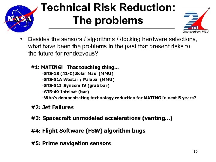 Technical Risk Reduction: The problems • Besides the sensors / algorithms / docking hardware