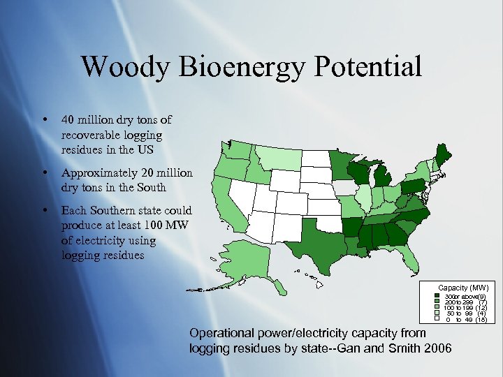 Woody Bioenergy Potential • 40 million dry tons of recoverable logging residues in the