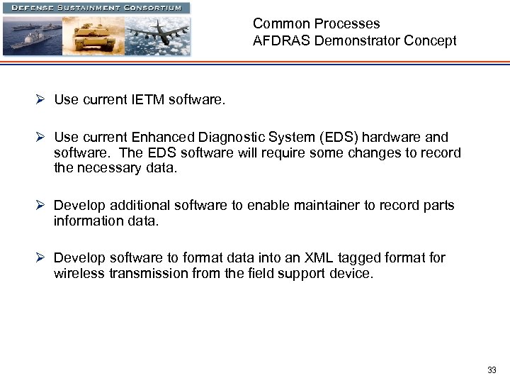 Common Processes AFDRAS Demonstrator Concept Ø Use current IETM software. Ø Use current Enhanced