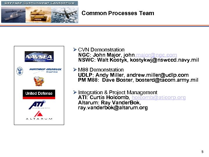 Common Processes Team Ø CVN Demonstration NGC: John Major, john. major@ngc. com NSWC: Walt