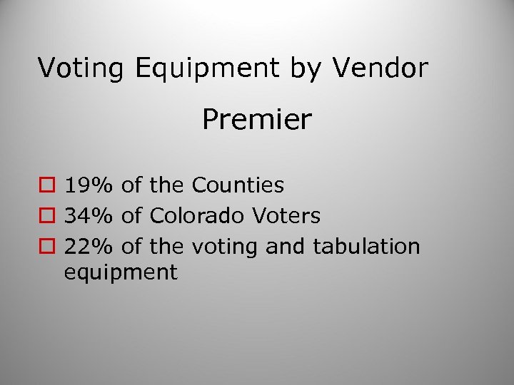 Voting Equipment by Vendor Premier o 19% of the Counties o 34% of Colorado