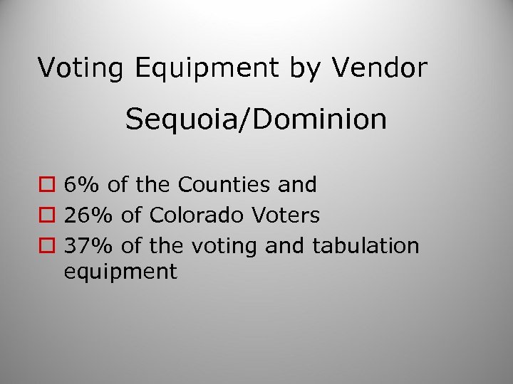 Voting Equipment by Vendor Sequoia/Dominion o 6% of the Counties and o 26% of