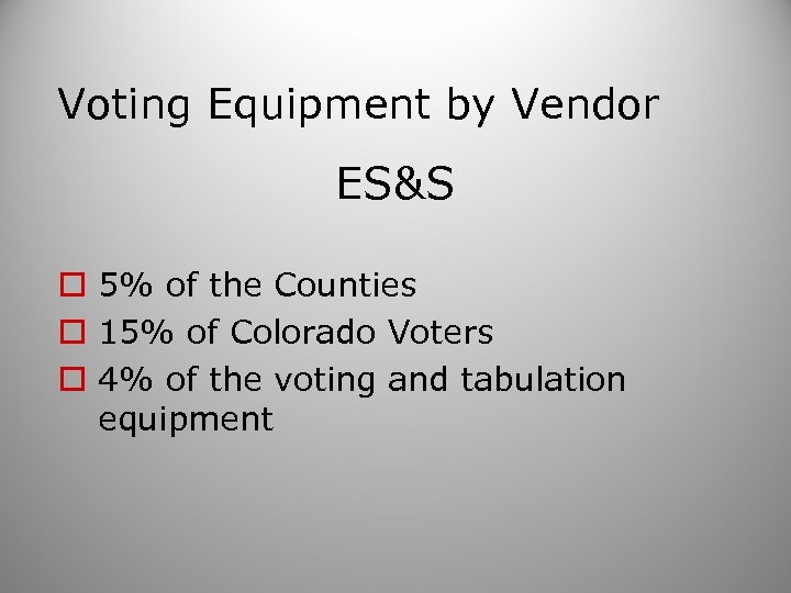 Voting Equipment by Vendor ES&S o 5% of the Counties o 15% of Colorado