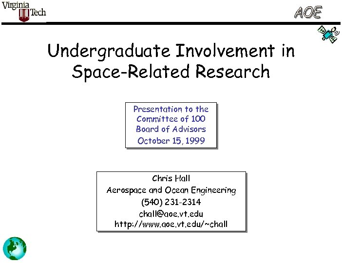 Undergraduate Involvement in Space-Related Research Presentation to the Committee of 100 Board of Advisors