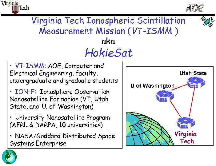 Virginia Tech Ionospheric Scintillation Measurement Mission (VT-ISMM ) aka Hokie. Sat • VT-ISMM: AOE,