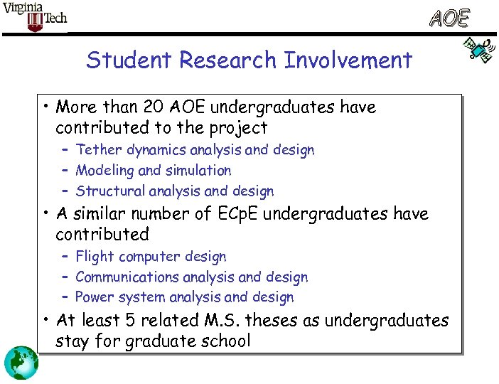 Student Research Involvement • More than 20 AOE undergraduates have contributed to the project