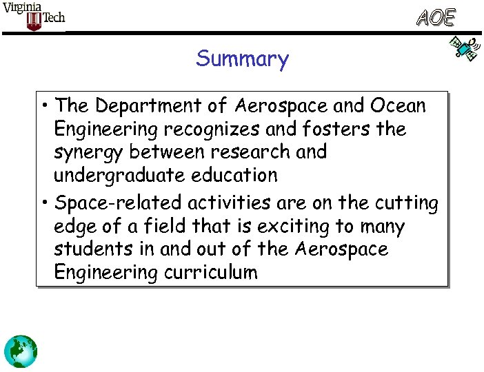Summary • The Department of Aerospace and Ocean Engineering recognizes and fosters the synergy