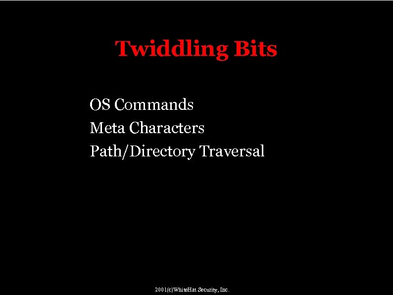 Twiddling Bits OS Commands Meta Characters Path/Directory Traversal 2001(c)White. Hat Security, Inc. 