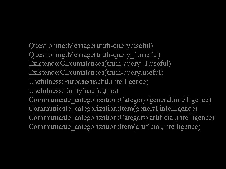 Questioning: Message(truth-query, useful) Questioning: Message(truth-query_1, useful) Existence: Circumstances(truth-query, useful) Usefulness: Purpose(useful, intelligence) Usefulness: Entity(useful,