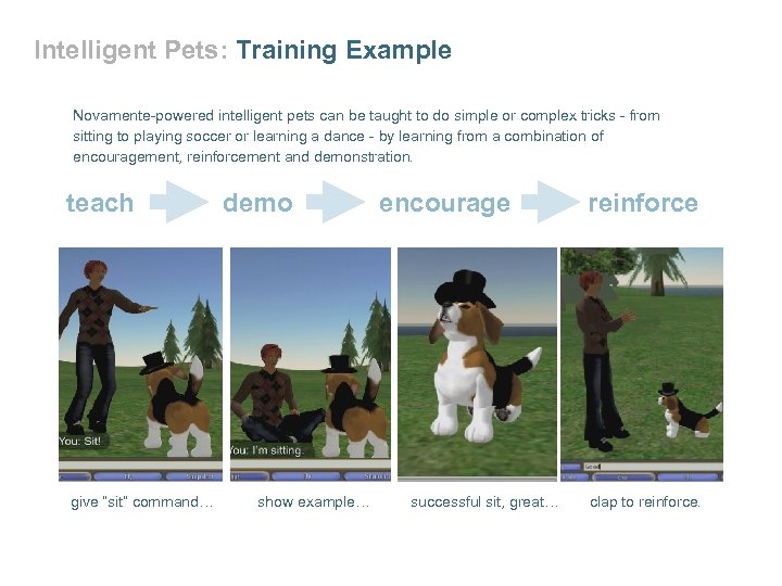 Intelligent Pets: Training Example Novamente-powered intelligent pets can be taught to do simple or