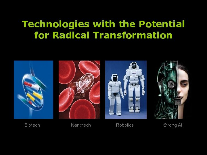 Technologies with the Potential for Radical Transformation Biotech Nanotech Robotics Strong AI 