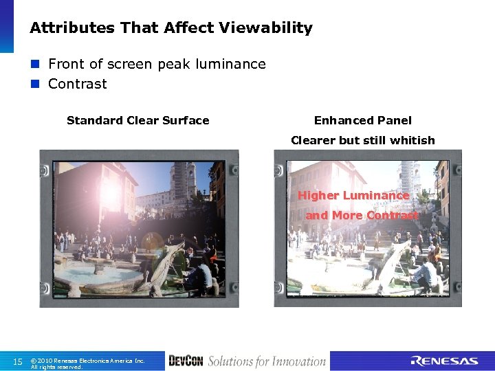 Attributes That Affect Viewability n Front of screen peak luminance n Contrast Standard Clear