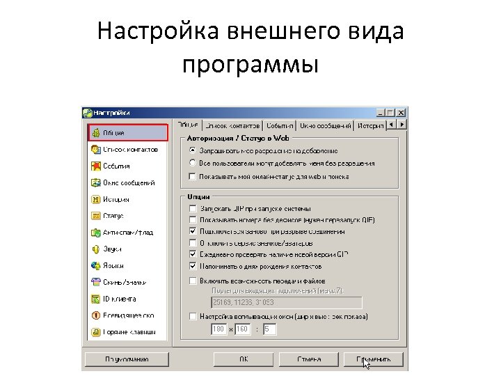 Настройка внешнего вида программы 