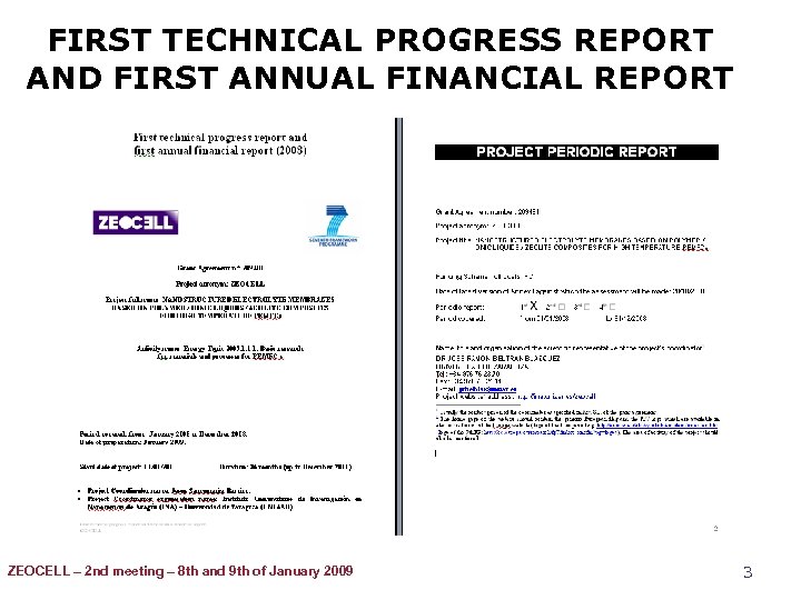 FIRST TECHNICAL PROGRESS REPORT AND FIRST ANNUAL FINANCIAL REPORT ZEOCELL – 2 nd meeting