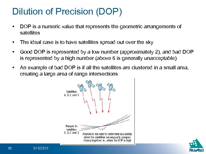 Dilution of Precision (DOP) • • The ideal case is to have satellites spread