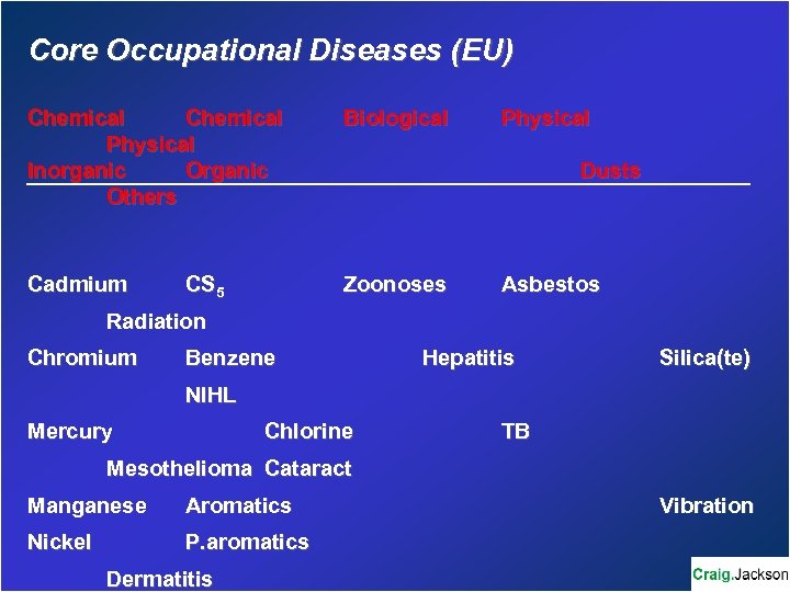 Core Occupational Diseases (EU) Chemical Physical Inorganic Others Biological Cadmium Zoonoses CS 5 Physical