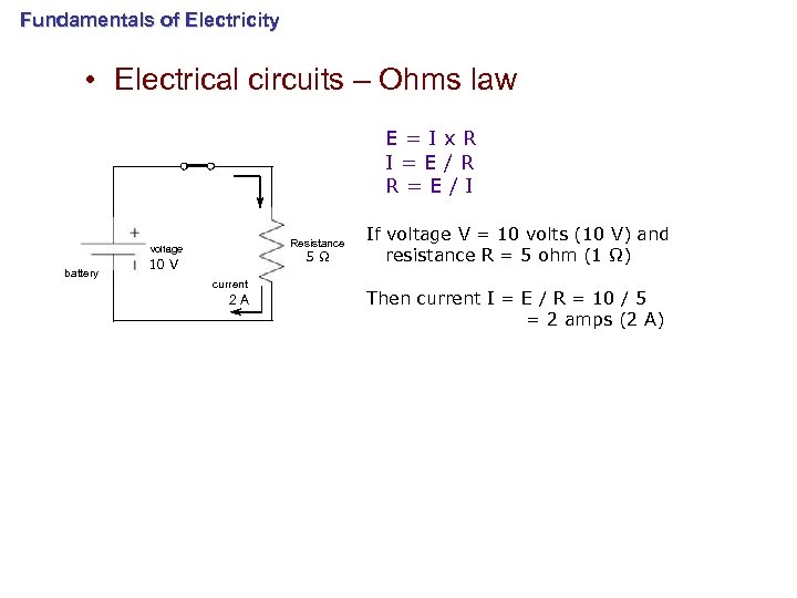 Fundamentals of Electricity • Electrical circuits – Ohms law E=Ix. R I=E/R R=E/I Resistance