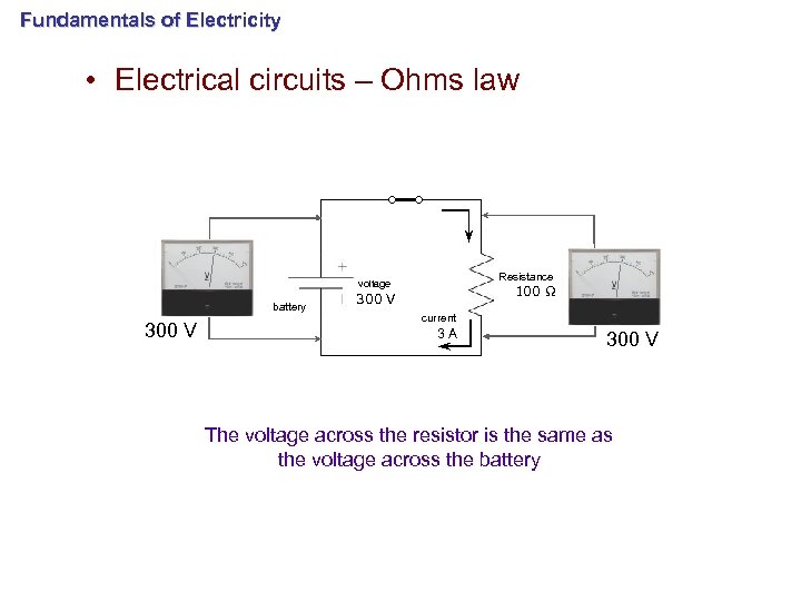 Fundamentals of Electricity • Electrical circuits – Ohms law Resistance voltage battery 300 V