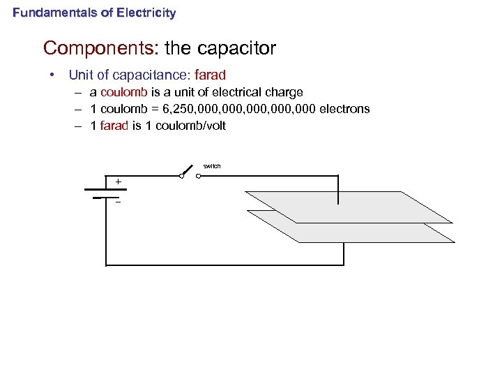 Fundamentals of Electricity Components: the capacitor • Unit of capacitance: farad – a coulomb