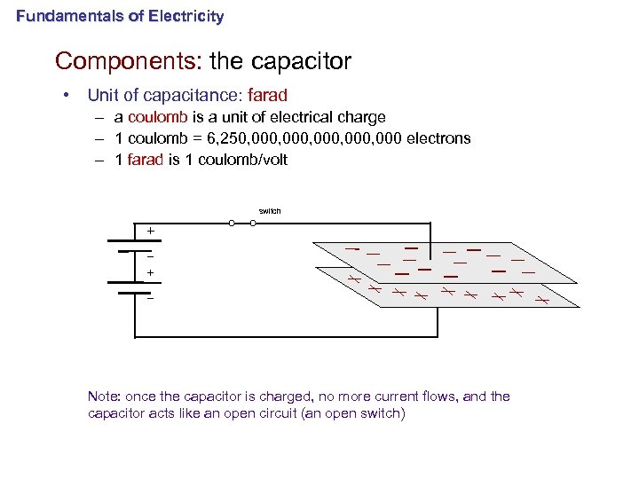 Fundamentals of Electricity Components: the capacitor • Unit of capacitance: farad – a coulomb