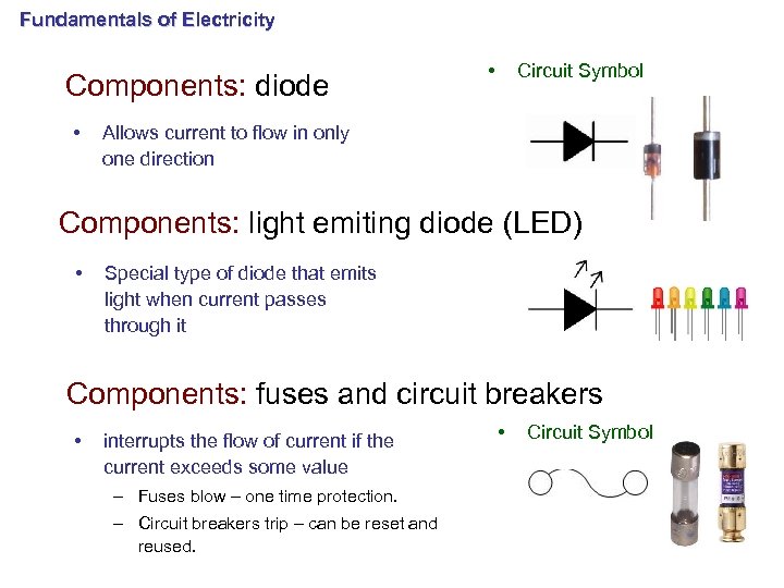 Fundamentals of Electricity Components: diode • • Circuit Symbol Allows current to flow in