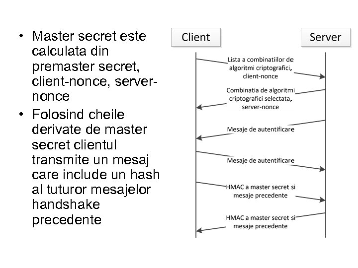  • Master secret este calculata din premaster secret, client-nonce, servernonce • Folosind cheile