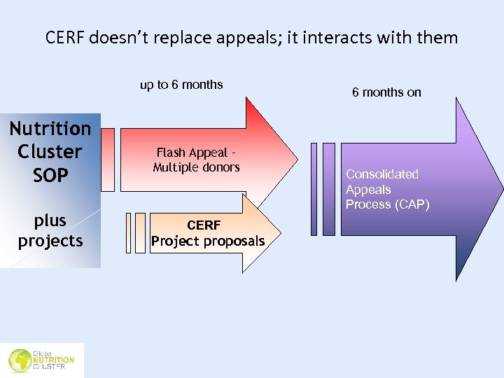 CERF doesn’t replace appeals; it interacts with them up to 6 months Nutrition Cluster