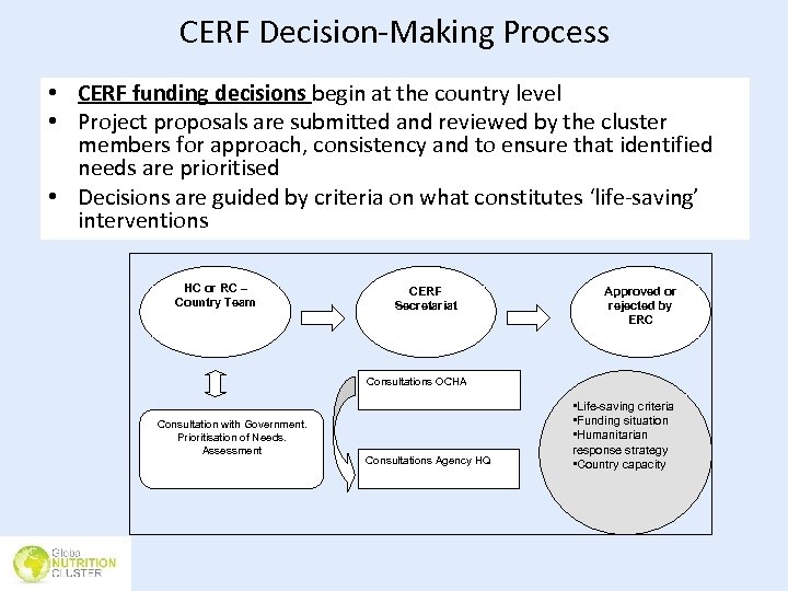 CERF Decision-Making Process • CERF funding decisions begin at the country level • Project