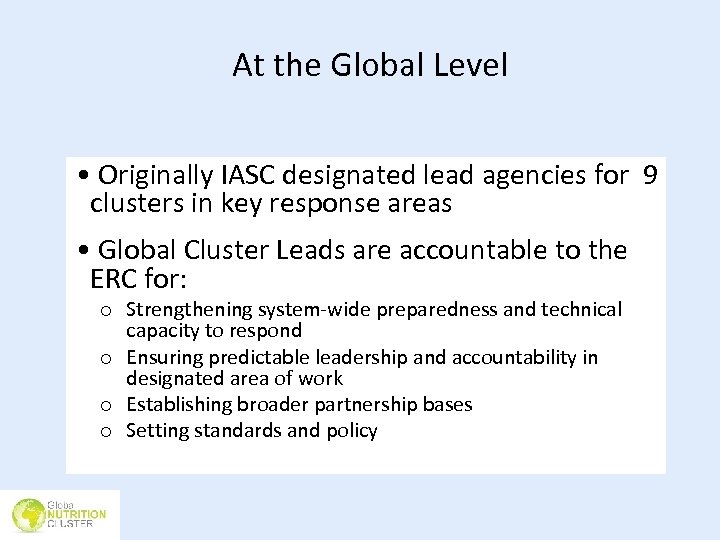 At the Global Level • Originally IASC designated lead agencies for 9 clusters in