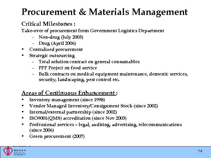 Procurement & Materials Management Critical Milestones : Take-over of procurement from Government Logistics Department