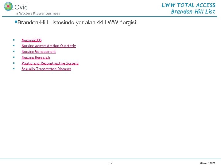 LWW TOTAL ACCESS Brandon-Hill List §Brandon-Hill Listesinde yer alan 44 LWW dergisi: § §