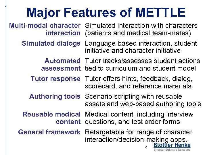 Major Features of METTLE Multi-modal character Simulated interaction with characters interaction (patients and medical